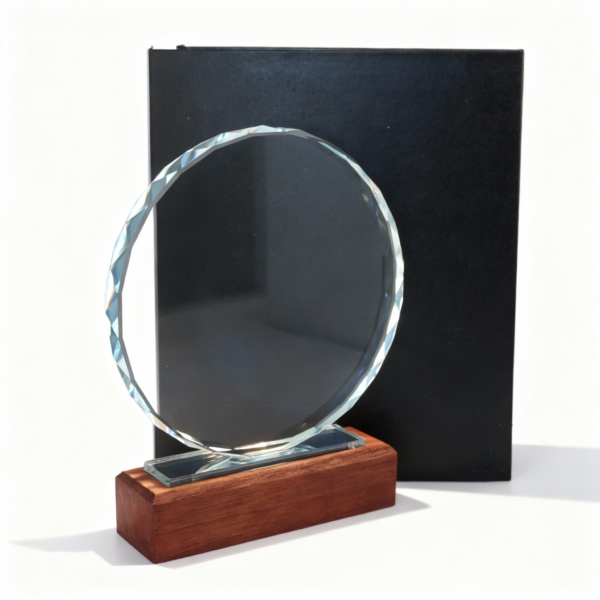 Round Crystal Trophy, wooden base